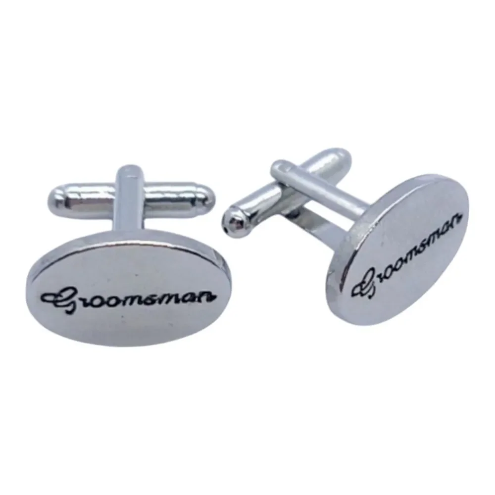 GROOMSMAN Wedding Cufflinks Silver Engraved Bridal Party Formal Tuxedo Cuff Link